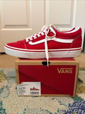 Vans Old Skool Canvas Low Top Sneakers - Racing Red w/White Accents - Men’s 8.5